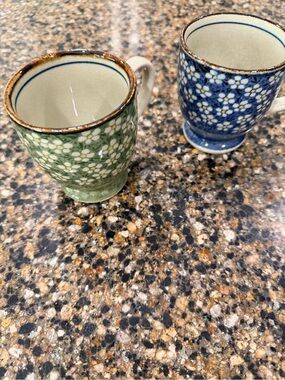 Floral Ceramic Espresso Mugs - Green & Blue Set